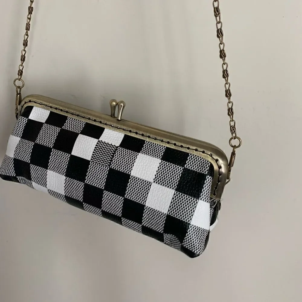 Handmade Genuine Leather Checker Embossed Kiss-lock  Small Clutch/Cosmetics Case